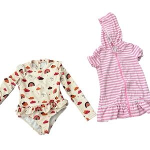 Lot Of 2 4T Girls Rash Guard Swimsuit & Cover-Up (Wonder Nation) Rainbow Stripes